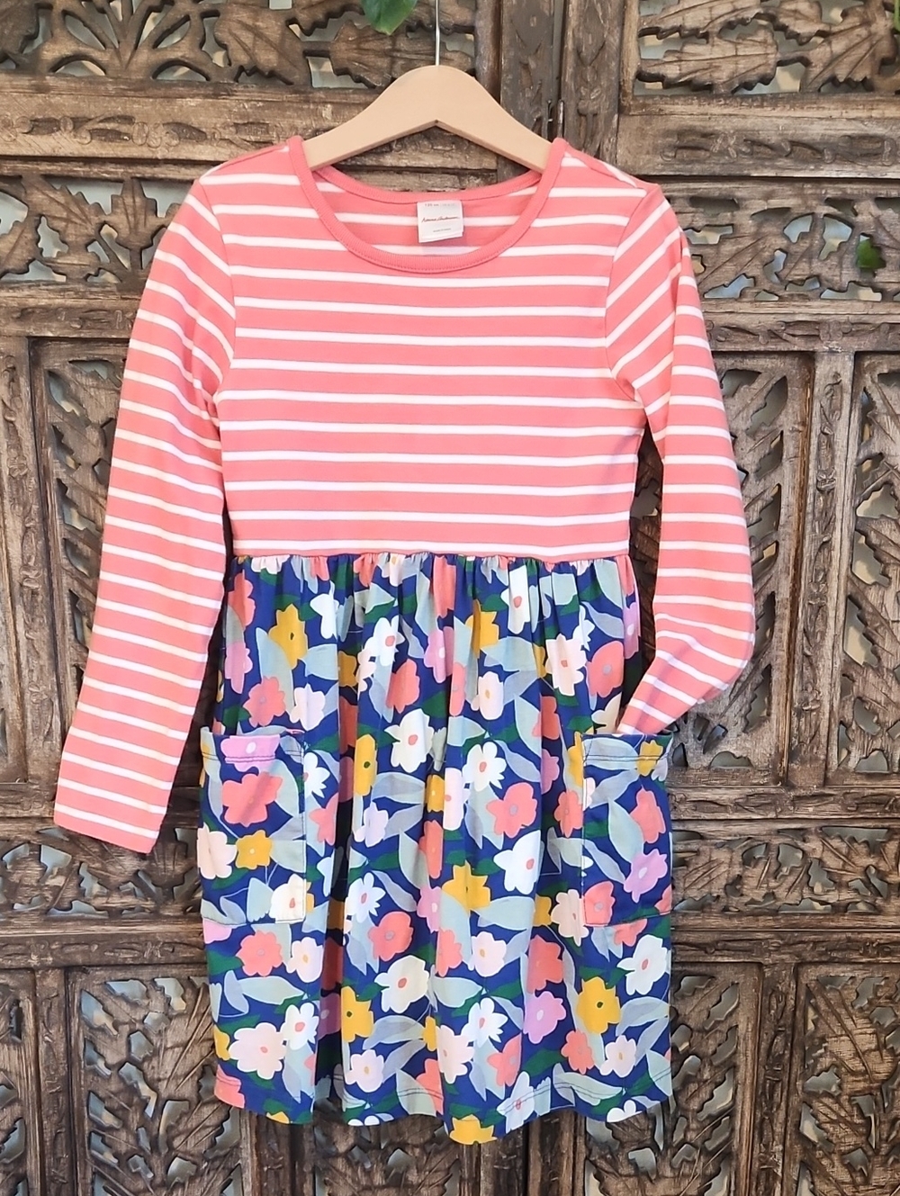 Hanna Andersson Coral Stripe with Navy Floral Skirt Twirl Dress. 6/7 Girl